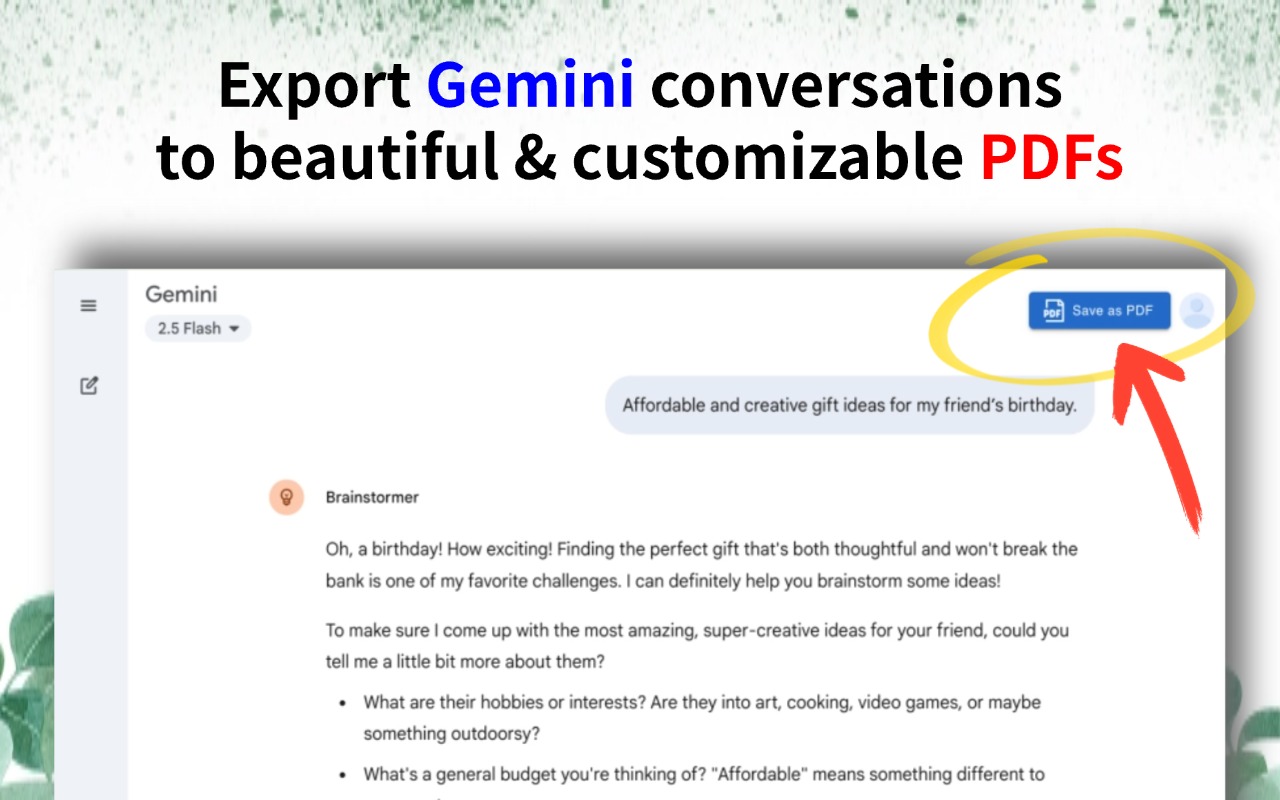 Gemini to PDF Chrome Extension Preview - Convert Google Gemini conversations to professional PDF documents